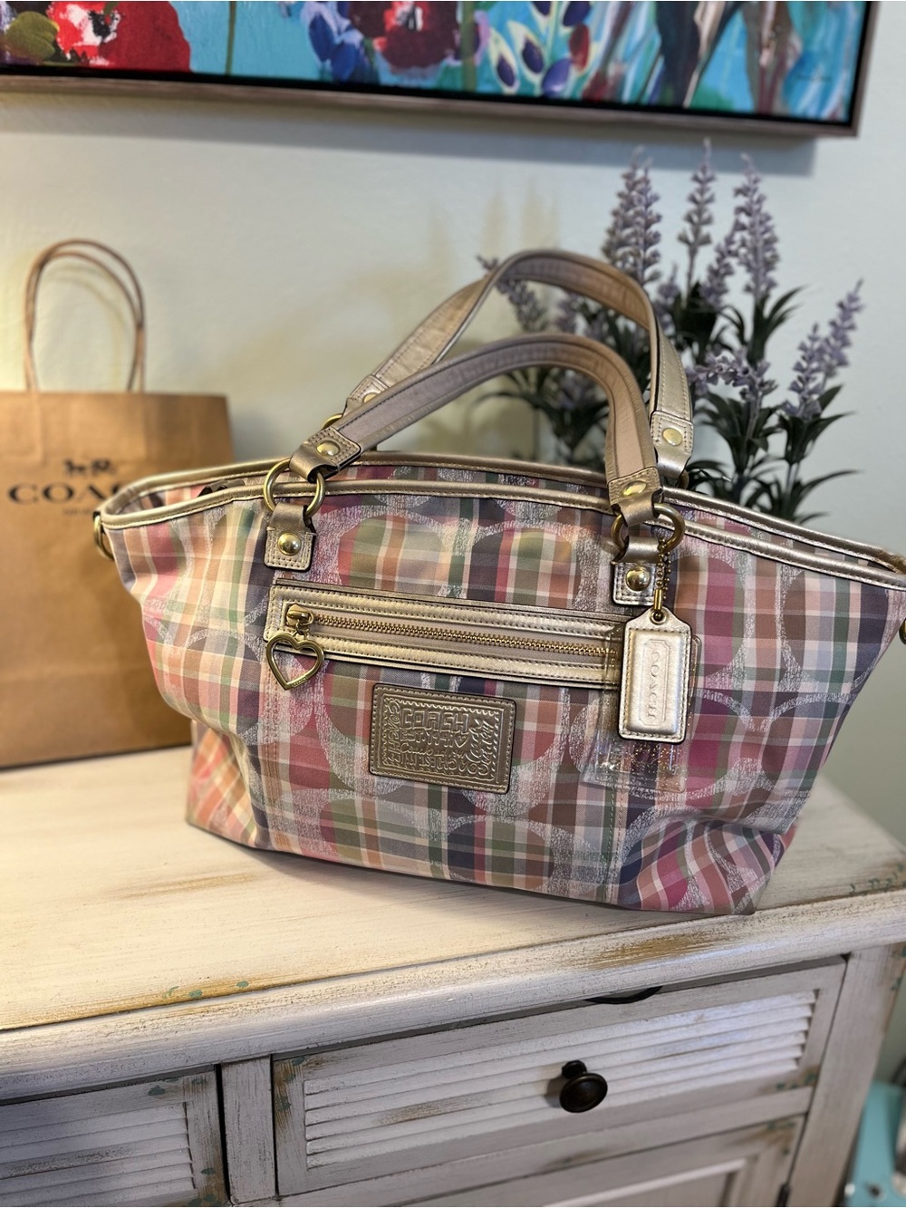 Coach Poppy Madras Signature Tote w/ Leather Trim